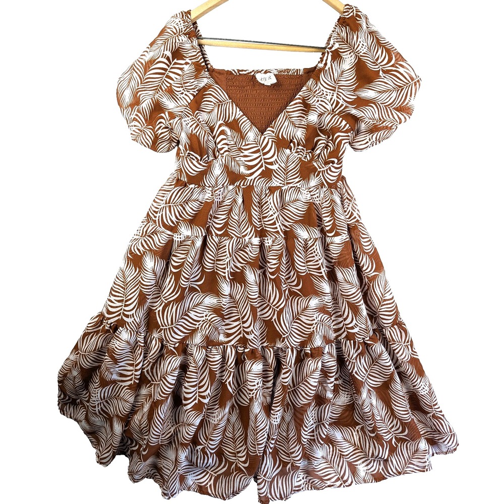 Her Destiny Tiered Off The Shoulder Palm Leaf Print S Midi Dress Tropical Brown